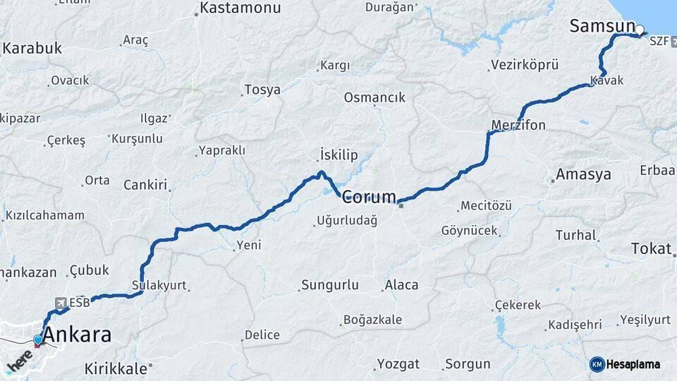 Ankara Samsun Arası Kaç Km - Yol Haritası