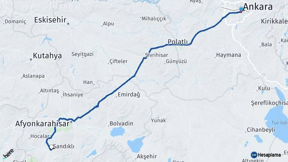 Ankara Sandıklı Afyonkarahisar Arası Kaç Km - Yol Haritası