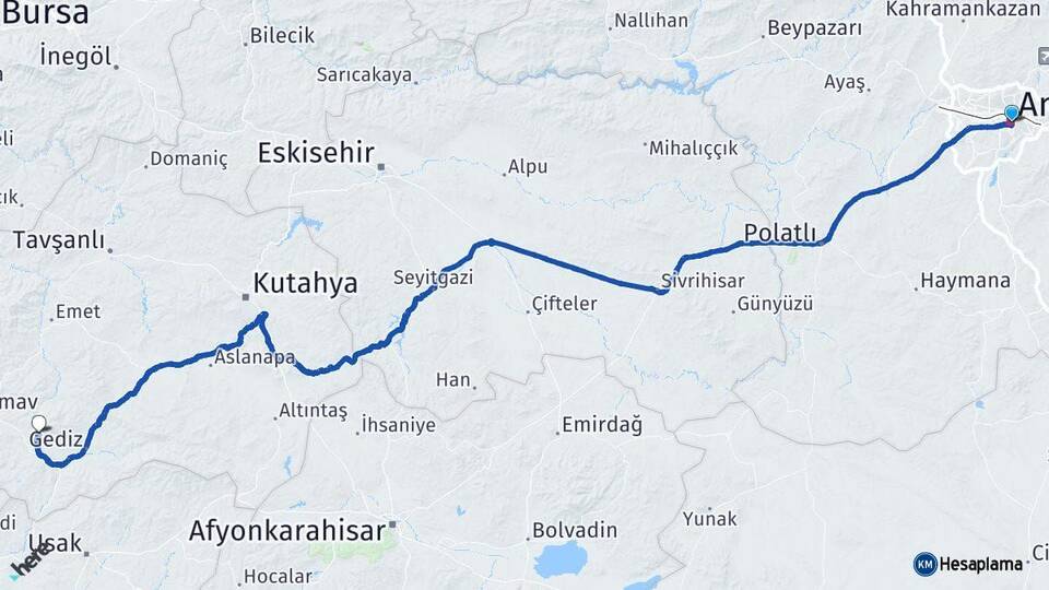 Ankara Şaphane Kütahya Arası Kaç Km - Yol Haritası