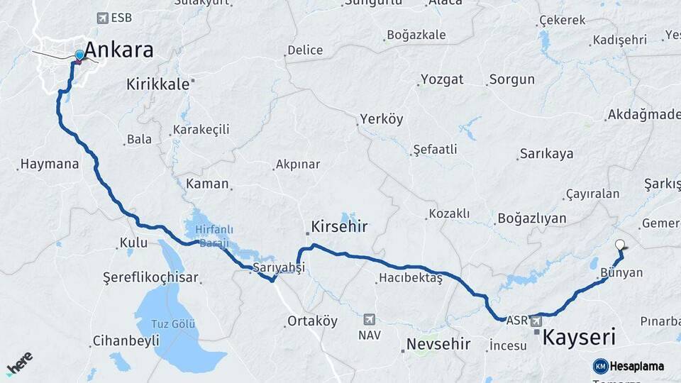 Ankara Sarıoğlan Kayseri Arası Kaç Km - Yol Haritası
