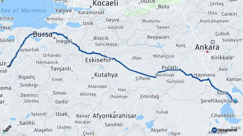 Ankara Şereflikoçhisar Balıkesir Arası Kaç Km - Yol Haritası