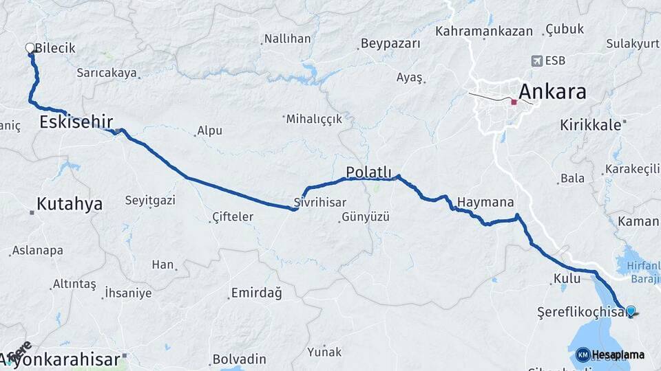 Ankara Şereflikoçhisar Bilecik Arası Kaç Km - Yol Haritası