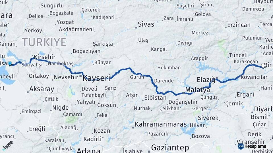 Ankara Şereflikoçhisar Bingöl Arası Kaç Km - Yol Haritası