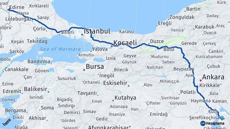 Ankara Şereflikoçhisar Edirne Arası Kaç Km - Yol Haritası