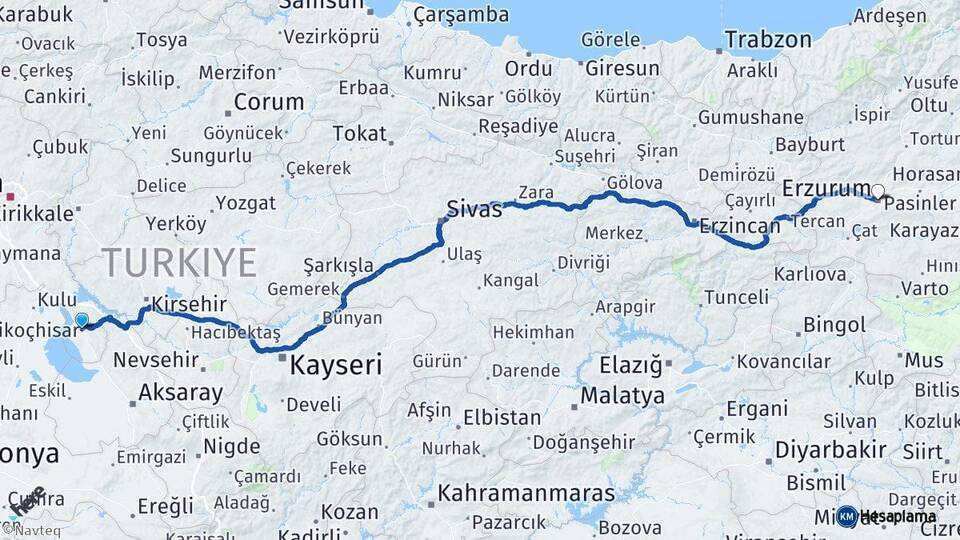Ankara Şereflikoçhisar Erzurum Arası Kaç Km - Yol Haritası