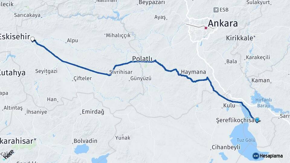 Ankara Şereflikoçhisar Eskişehir Arası Kaç Km - Yol Haritası