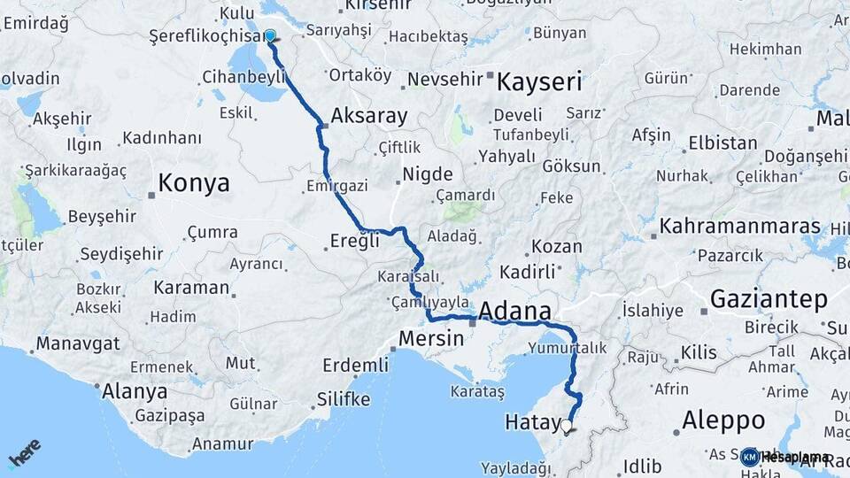 Ankara Şereflikoçhisar Hatay Arası Kaç Km - Yol Haritası