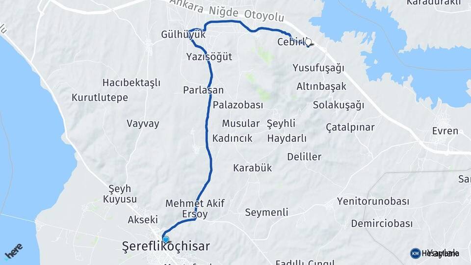 Ankara Şereflikoçhisar İnebeyli Evren Arası Kaç Km - Yol Haritası