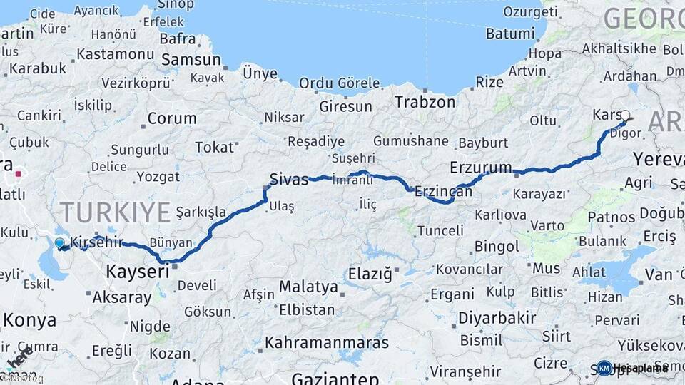 Ankara Şereflikoçhisar Kars Arası Kaç Km - Yol Haritası