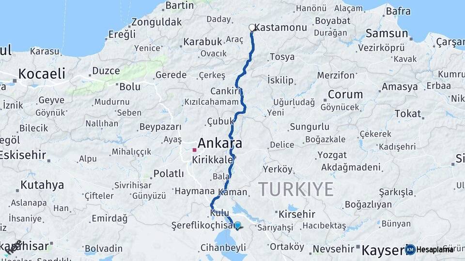 Ankara Şereflikoçhisar Kastamonu Arası Kaç Km - Yol Haritası