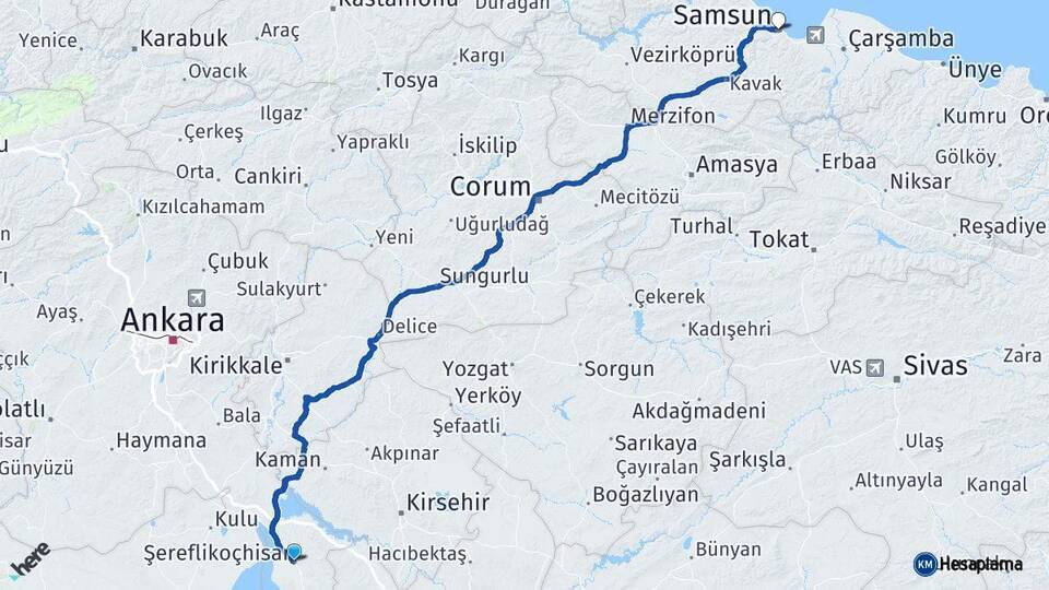 Ankara Şereflikoçhisar Samsun Arası Kaç Km - Yol Haritası