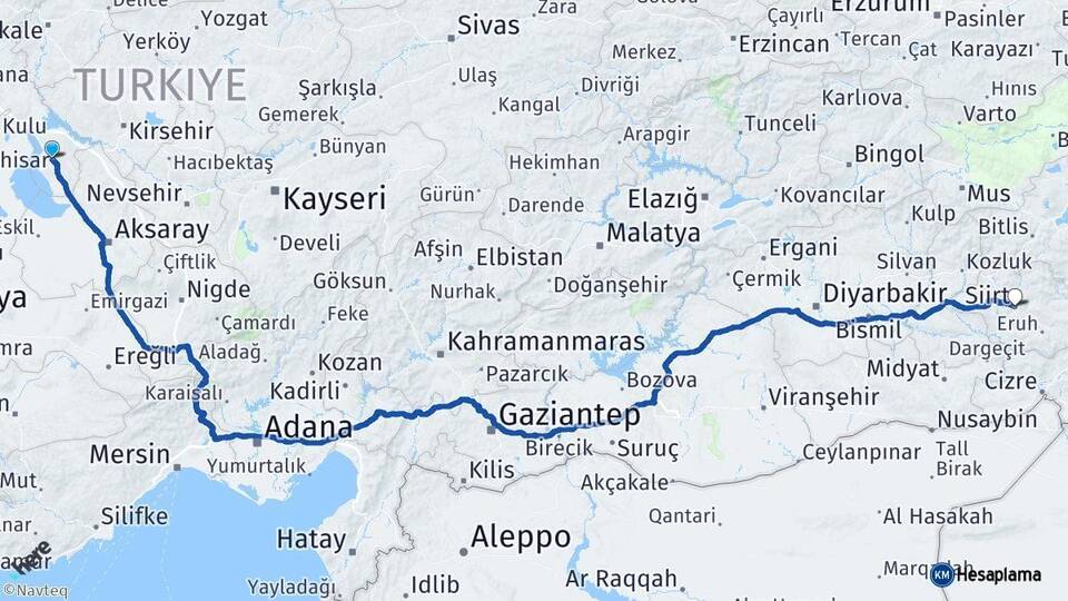 Ankara Şereflikoçhisar Siirt Arası Kaç Km - Yol Haritası
