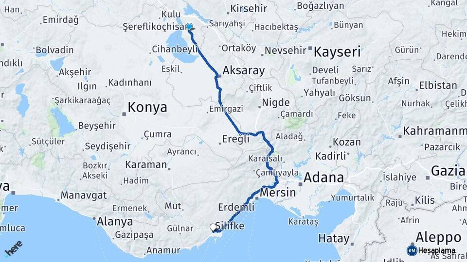 Ankara Şereflikoçhisar Silifke Mersin Arası Kaç Km - Yol Haritası