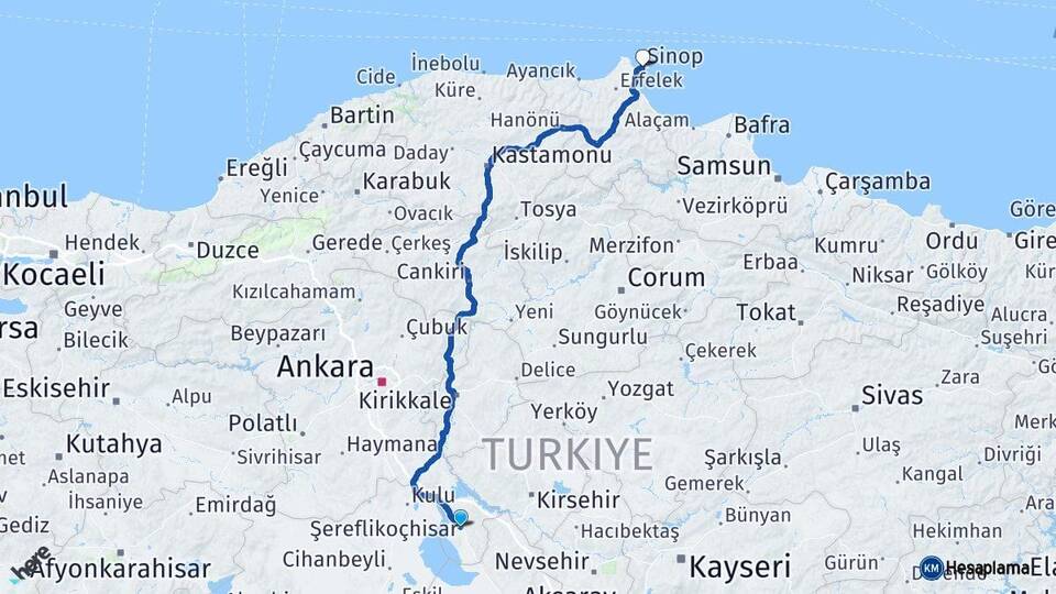 Ankara Şereflikoçhisar Sinop Arası Kaç Km - Yol Haritası