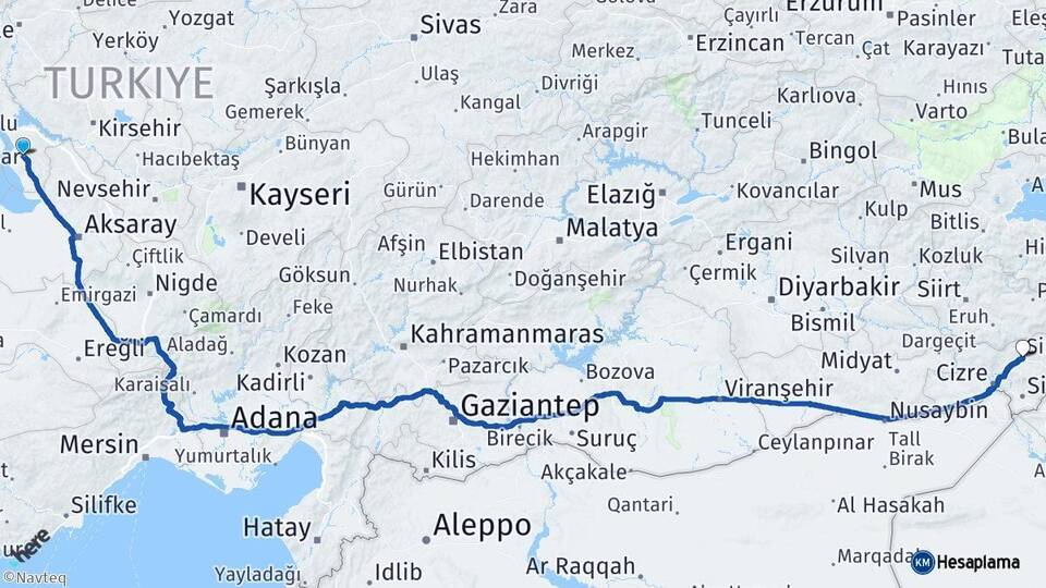 Ankara Şereflikoçhisar Şırnak Arası Kaç Km - Yol Haritası