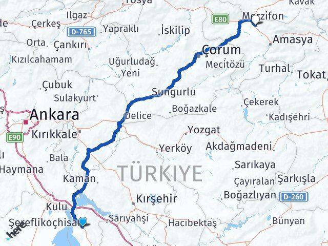 Ankara Şereflikoçhisar Suluova Amasya Arası Kaç Km - Yol Haritası