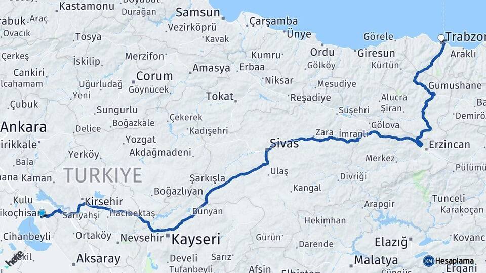 Ankara Şereflikoçhisar Trabzon Arası Kaç Km - Yol Haritası