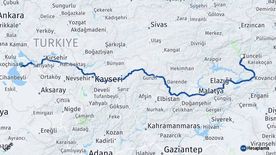 Ankara Şereflikoçhisar Tunceli Arası Kaç Km - Yol Haritası