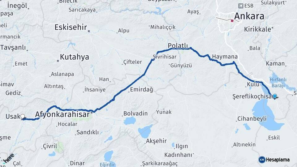 Ankara Şereflikoçhisar Uşak Arası Kaç Km - Yol Haritası