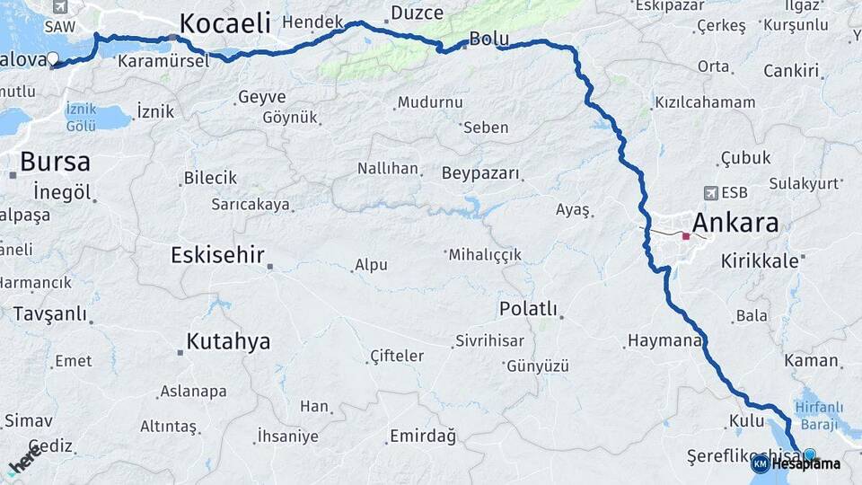 Ankara Şereflikoçhisar Yalova Arası Kaç Km - Yol Haritası