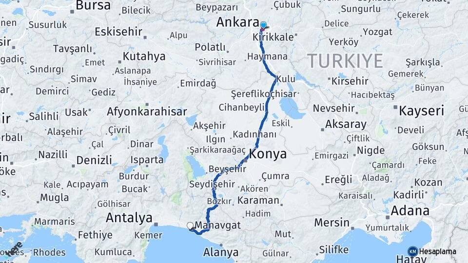 Ankara Side Manavgat Antalya Arası Kaç Km - Yol Haritası
