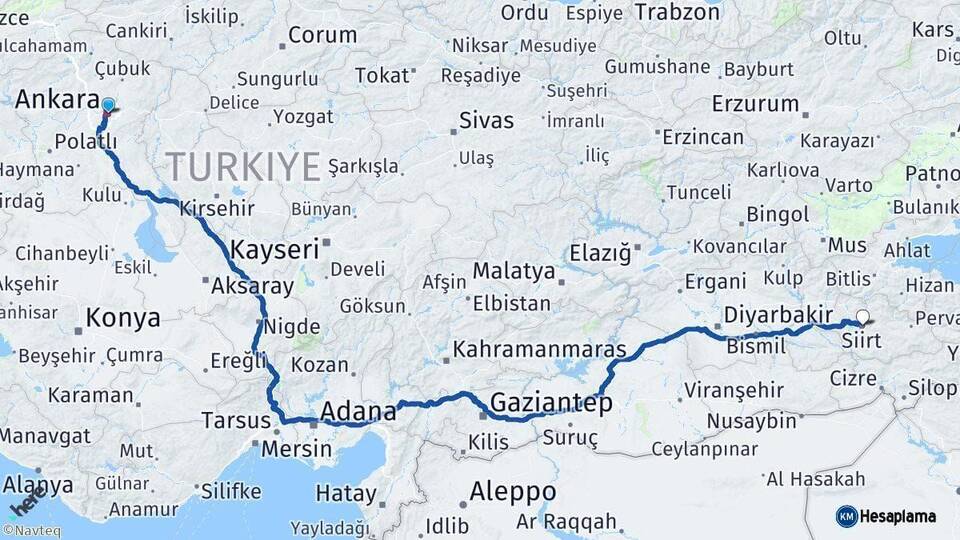 Ankara Siirt Arası Kaç Km - Yol Haritası