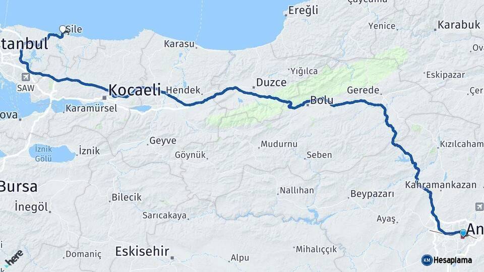 Ankara Şile İstanbul Arası Kaç Km - Yol Haritası