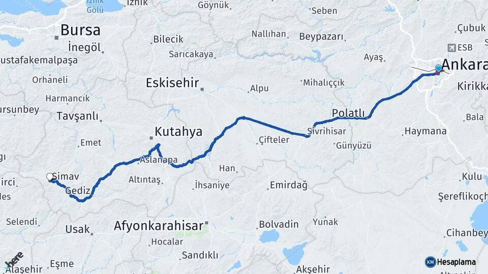 Ankara Simav Kütahya Arası Kaç Km - Yol Haritası