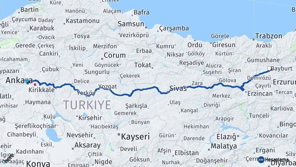 Ankara Sincan Bayburt Arası Kaç Km - Yol Haritası
