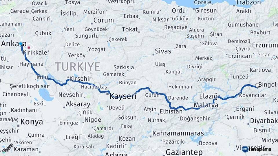 Ankara Sincan Bingöl Arası Kaç Km - Yol Haritası
