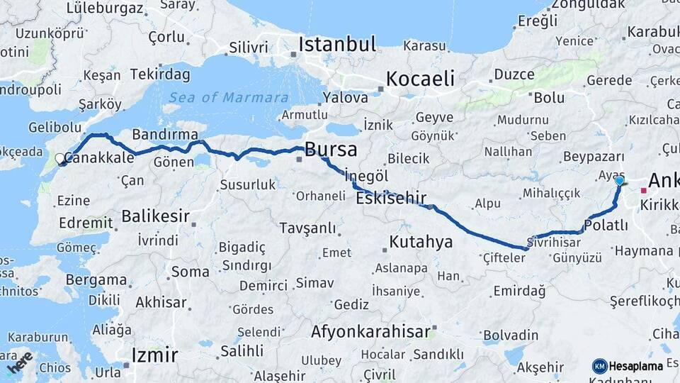 Ankara Sincan Çanakkale Arası Kaç Km - Yol Haritası