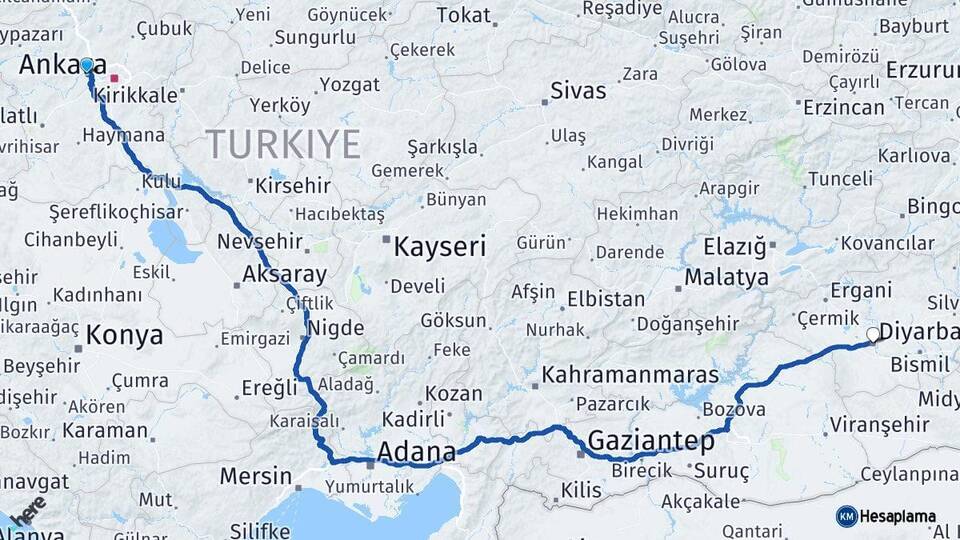 Ankara Sincan Diyarbakır Arası Kaç Km - Yol Haritası