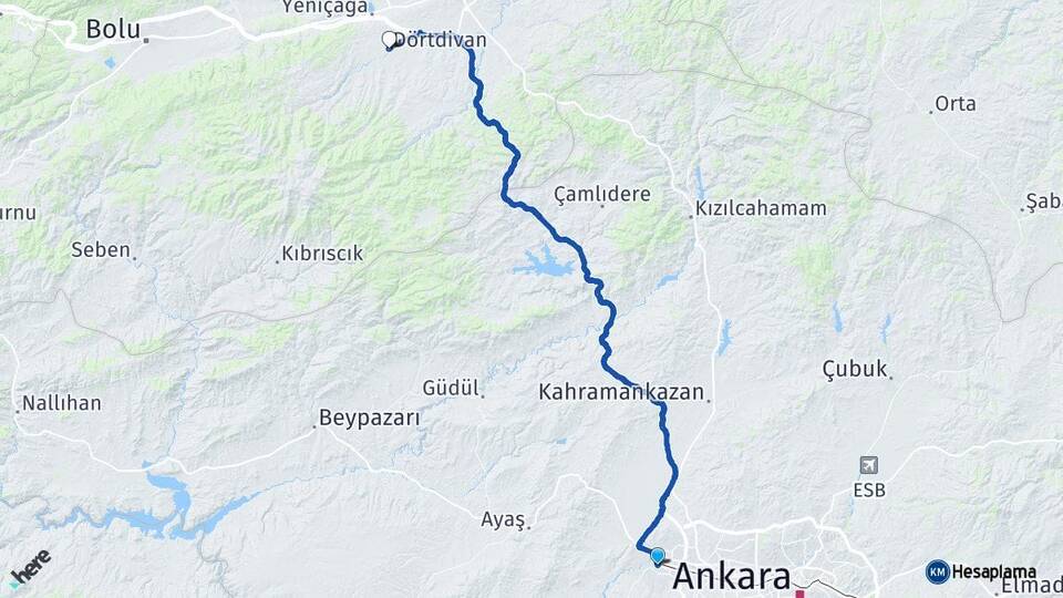 Ankara Sincan Dörtdivan Bolu Arası Kaç Km - Yol Haritası