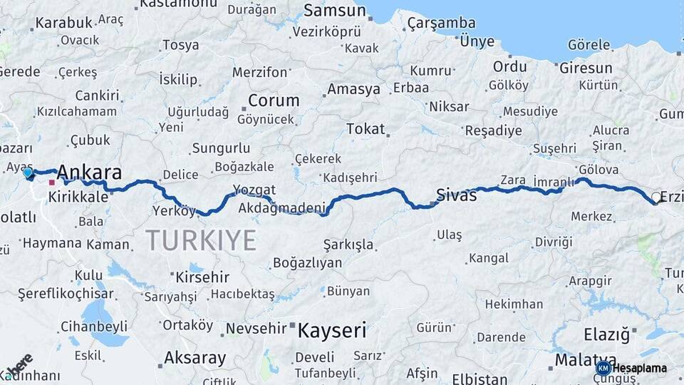 Ankara Sincan Erzincan Arası Kaç Km - Yol Haritası