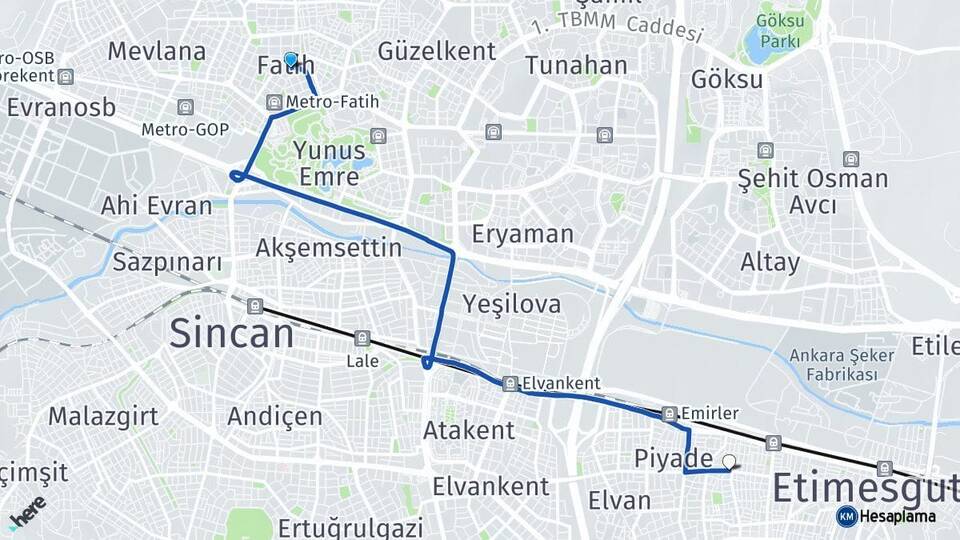 Ankara Sincan Fatih Süvari Etimesgut Arası Kaç Km - Yol Haritası