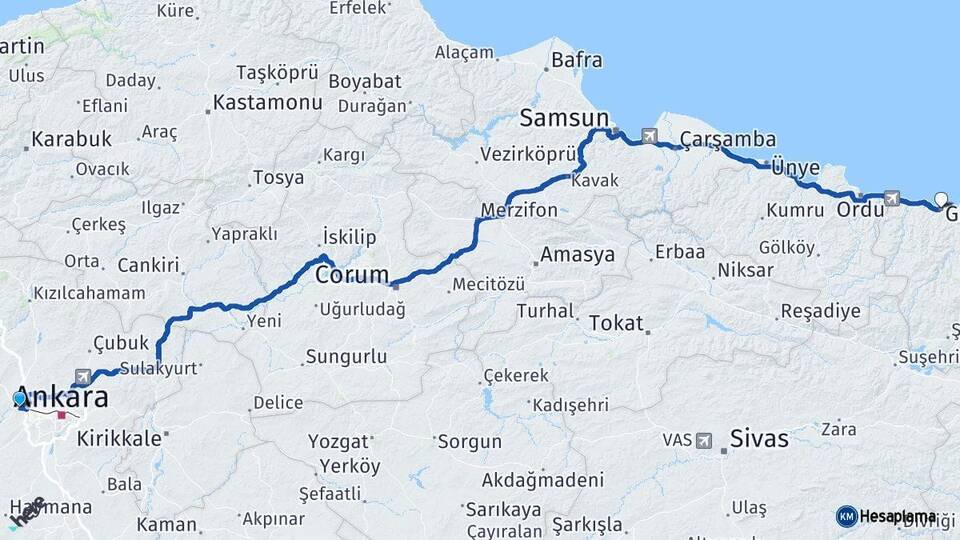 Ankara Sincan Giresun Arası Kaç Km - Yol Haritası