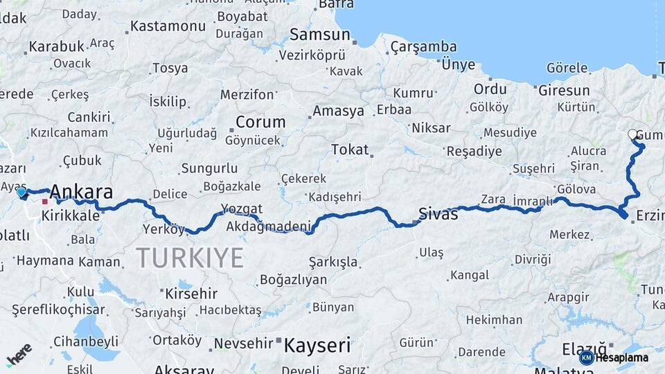Ankara Sincan Gümüşhane Arası Kaç Km - Yol Haritası