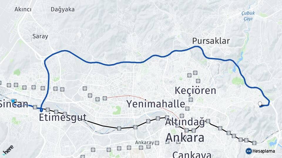 Ankara Sincan Karapürçek Altındağ Arası Kaç Km - Yol Haritası