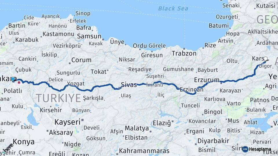 Ankara Sincan Kars Arası Kaç Km - Yol Haritası