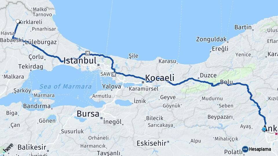 Ankara Sincan Kırklareli Arası Kaç Km - Yol Haritası