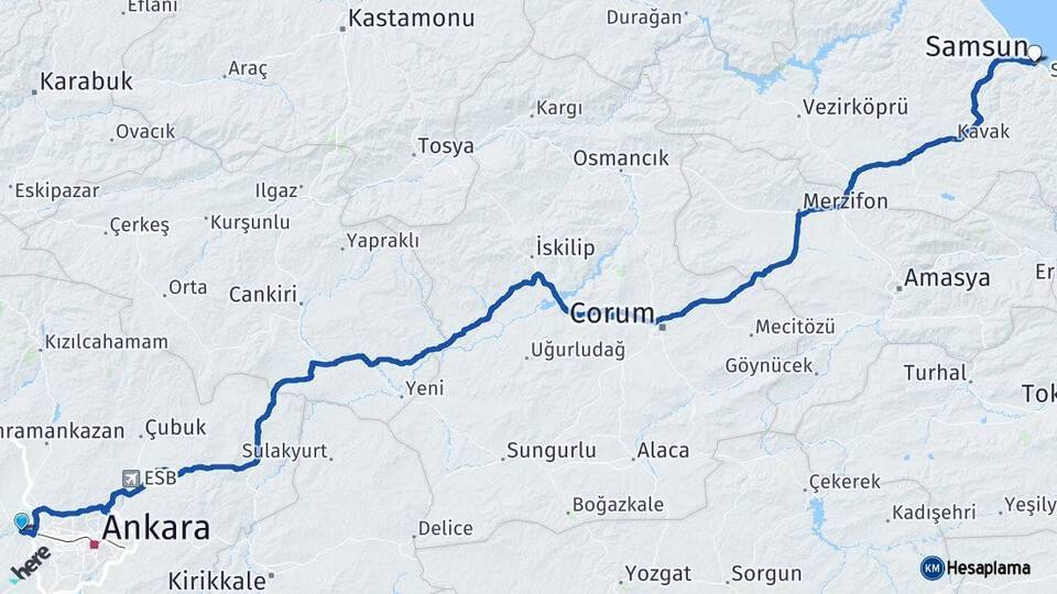 Ankara Sincan Samsun Arası Kaç Km - Yol Haritası