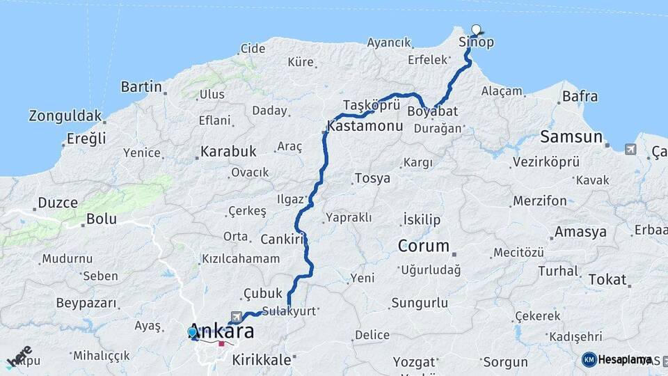 Ankara Sincan Sinop Arası Kaç Km - Yol Haritası