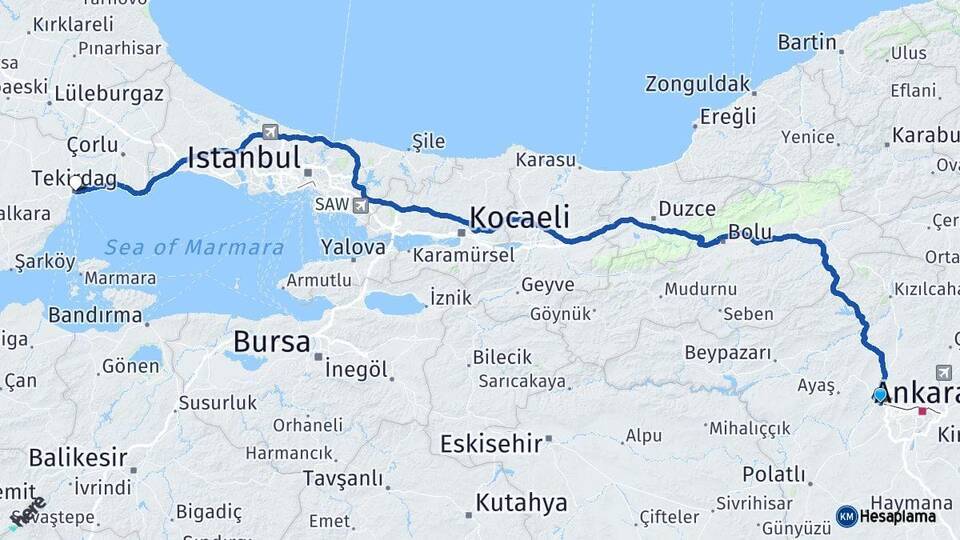 Ankara Sincan Tekirdağ Arası Kaç Km - Yol Haritası