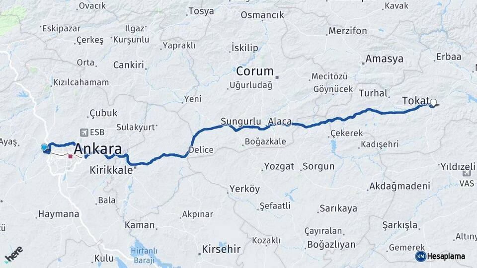 Ankara Sincan Tokat Arası Kaç Km - Yol Haritası