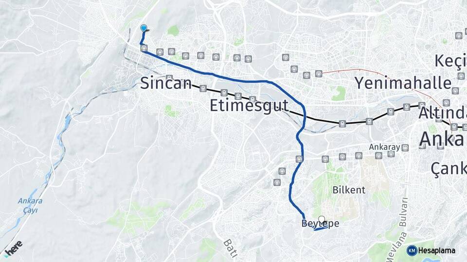 Ankara Sincan Törekent Beytepe Çankaya Arası Kaç Km - Yol Haritası