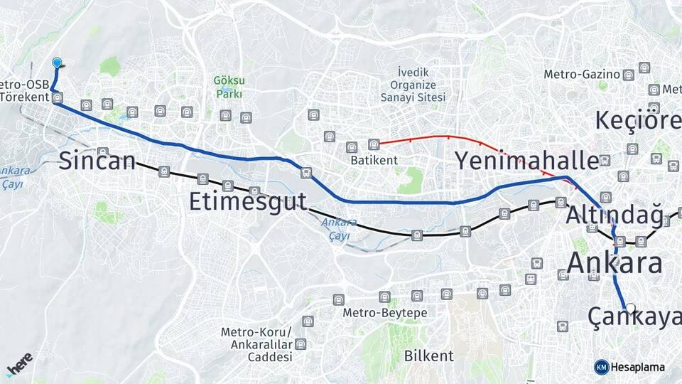 Ankara Sincan Törekent Çankaya Arası Kaç Km - Yol Haritası