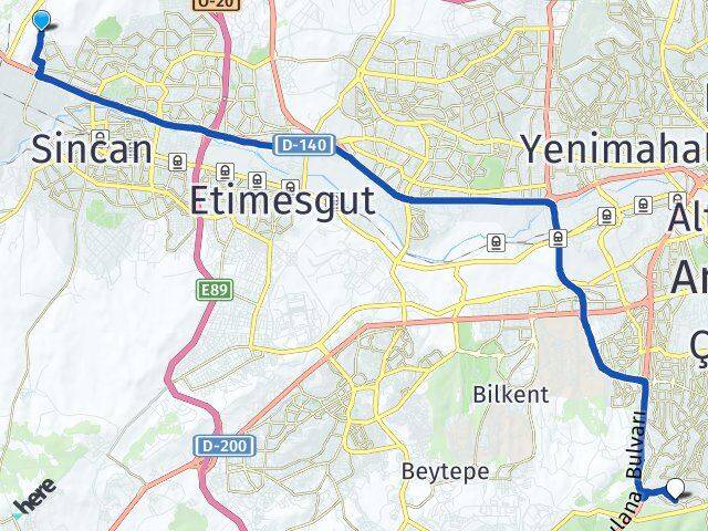 Ankara Sincan Törekent Oran Çankaya Arası Kaç Km - Yol Haritası