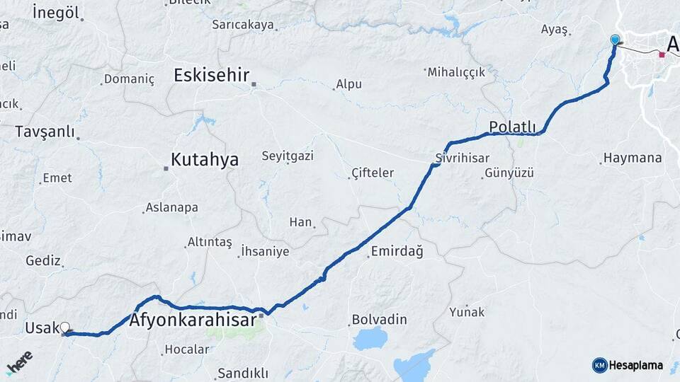 Ankara Sincan Uşak Arası Kaç Km - Yol Haritası