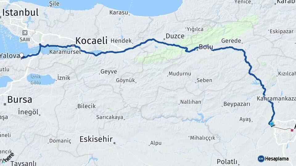 Ankara Sincan Yalova Arası Kaç Km - Yol Haritası