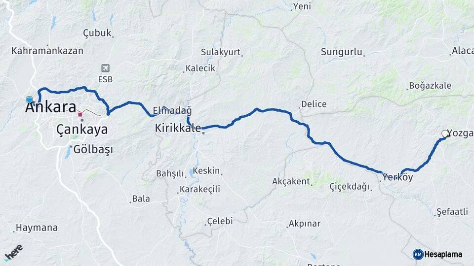 Ankara Sincan Yozgat Arası Kaç Km - Yol Haritası